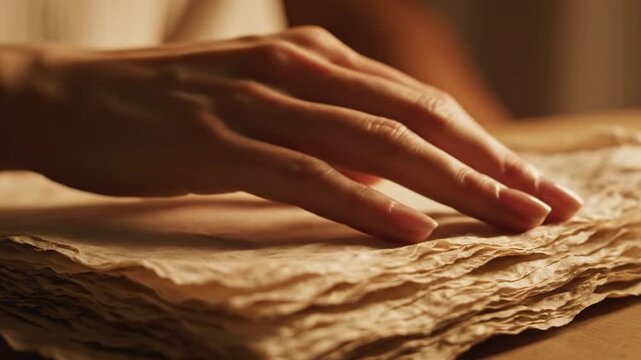 Hand touching old, crumpled paper on table with blurred background
