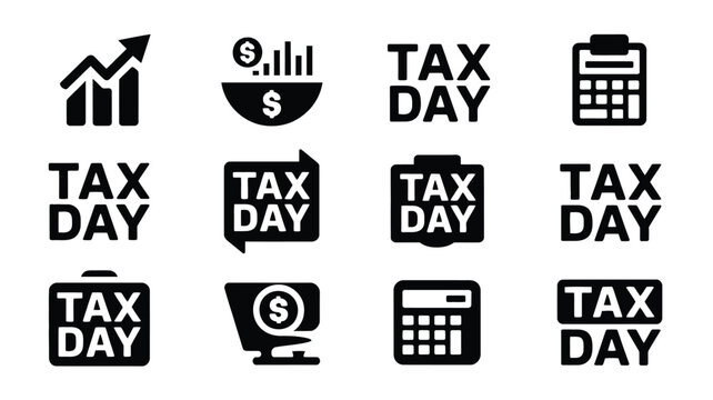 Tax day icons bundle with calculator chart and money symbols on white background for finance and accounting