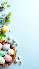 Osterhintergrund mit Eierkorb und Fr&uuml;hlingsbl&uuml;ten auf blauem Pastell