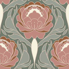 Art Nouveau peony floral seamless pattern with sage green leaves and dusty rose blooms in vintage arts and crafts style for textile wallpaper and home decor applications © Marie