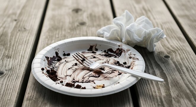 A disposable plate with a fork and used napkin sits on a picnic table.