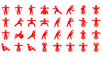 ゆったりと体操やストレッチを行う、カラフルでなめらかな質感のピクトグラムセットです。健康促進のポスターやリハビリ施設の案内動画、SNSのフィットネス発信などに最適です。見る人に安らぎと活力を与えます。