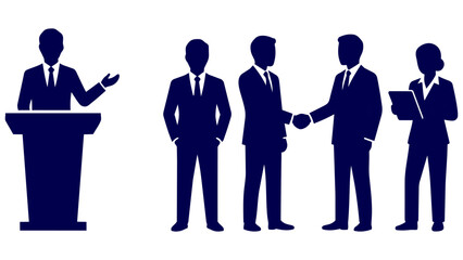 ビジネスシーンでの握手や講演を描いた、なめらかな質感のシルエットセットです。さらりとしたフラットな図形は企業の解説動画などに最適で、チームの結束を高め、見る人に強い信頼と成功へのビジョンを与えます。