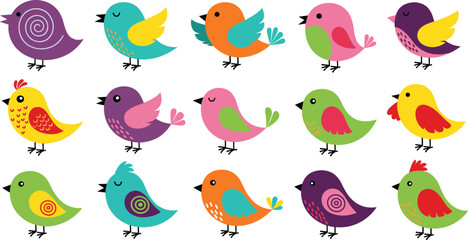 Cute Colorful Cartoon Bird Vector Character Set with Different Wings and Patterns for Nursery Decor, Childrens Books, Spring Stickers, and Creative Graphic Designs