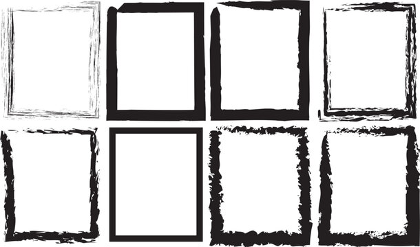 Collection of black hand drawn grunge square frames with textured brush strokes and distressed borders on white background