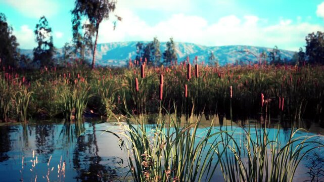 A serene landscape with lush wetlands showcases vibrant cattails growing tall near a calm body of water. The backdrop features rolling hills under a clear blue sky, creating a peaceful atmosphere.