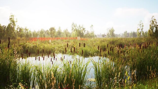 A tranquil wetland features vibrant green vegetation and tall cattails surrounding a calm body of water. The bright sky illuminates the peaceful natural habitat, creating a soothing atmosphere.