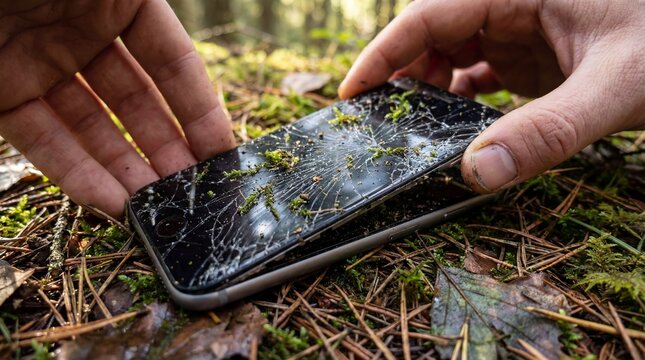 Hands holding broken smartphone with cracked screen in nature