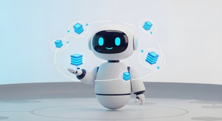 Cute AI Robot Character Presenting Cloud Data Server Storage Icons 3D Render
