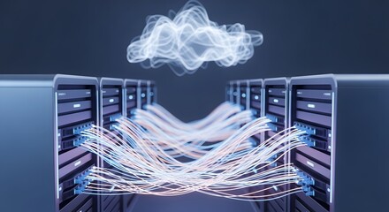 Cloud Computing Server Racks Connected By Glowing Fiber Optics 3D Render
