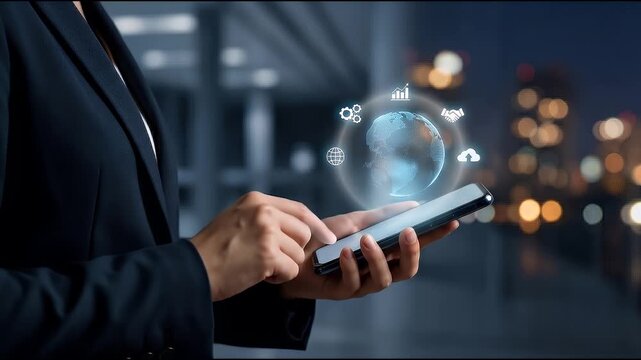 Medium close-up of a professional holding a smartphone as a glowing globe and business icons hover above the screen, subtle thumb interaction with slow cinematic push-in, dark corporate background wit