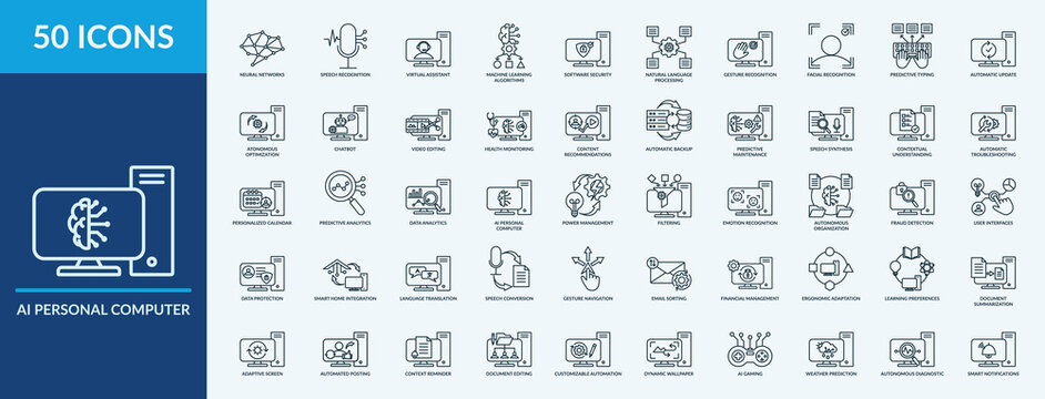 AI Personal Computer - Icon Collection. Thin Outline Set contains such Icons as neural network, machine learning, speech recognition and more. Simple web icons set