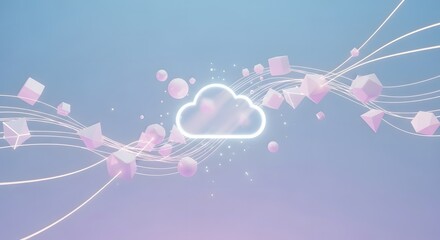 Cloud Computing Technology Background with Glowing Data Lines and Abstract 3D Shapes