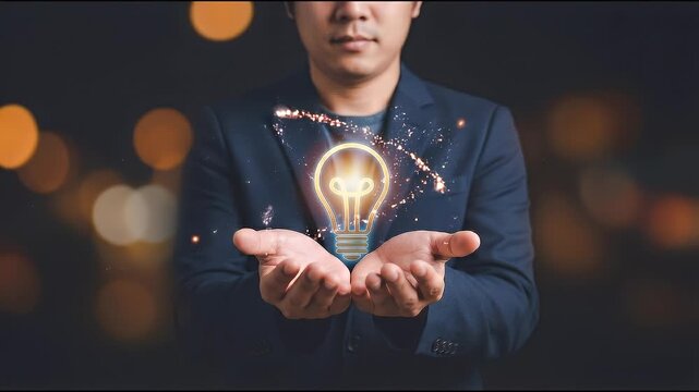 Medium close-up of a person extending both hands forward as a glowing light bulb icon appears hovering between the palms, subtle hand stabilization with slow push-in camera movement, dark background w