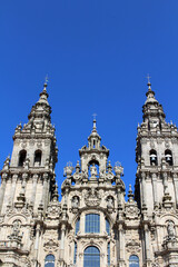Fototapeta premium Front Facade of Cathedral with Statue of Santiago and Twin Towers August 2024