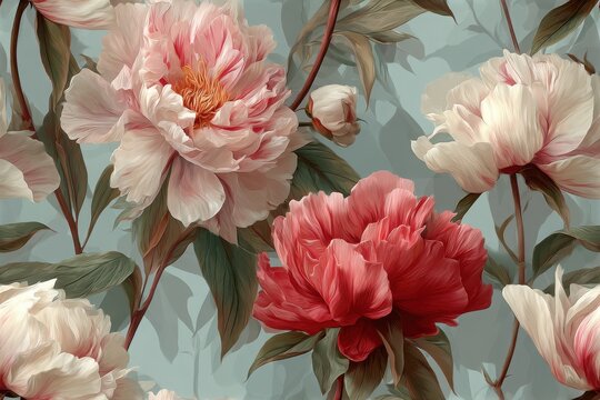 Elegant, chic, vintage seamless repeatable pattern featuring blooming blue and crimson peonies