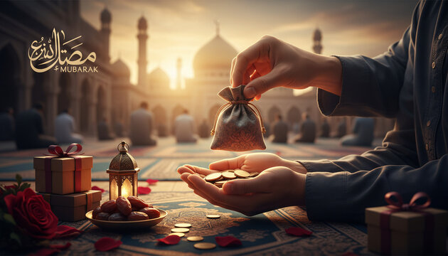 Ramadan charitable giving Hands exchanging money and gifts, a mosque in the background, symbolizing generosity and faith during the holy month