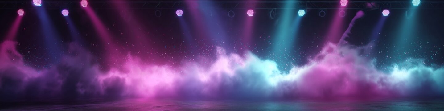 Dynamic background with colorful laser beams and falling confetti. Vibrant party scene showing crossing neon light effects and sparkling glitter
