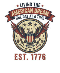 Vintage american eagle emblem with patriotic shield and tools living the american dream one day at a time transparent background