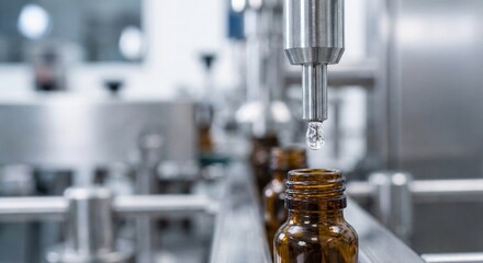 Industrial filling nozzle dispensing liquid into amber glass bottle