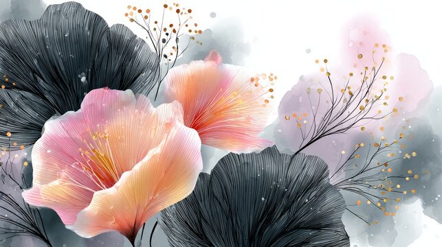Floral illustration featuring pink and black flowers with delicate branches and abstract shapes against a soft white background, showcasing intricate line work and vibrant colors
