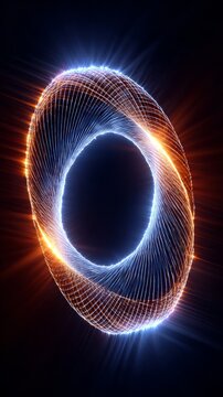 Abstract glowing wireframe torus shape with blue and orange light effects against a dark background, creating a futuristic and dynamic visual representation