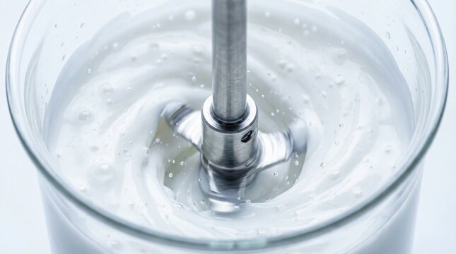 High-shear mixer emulsifying white cosmetic cream in glass beaker
