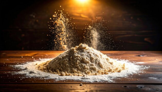 FlyPro Firefly: Close-up texture of coarse whole wheat flour dusted on a dark wooden board, detailed photographic capture