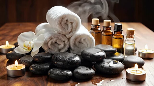 Zen spa setup with hot stones, essential oils, towels, glowing candles, orchid, and steam