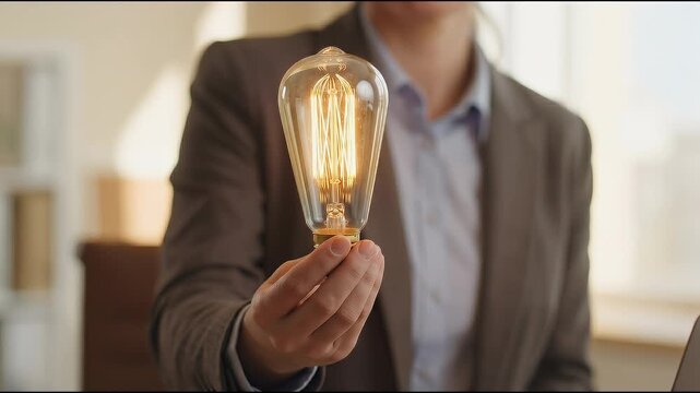 Close-up of a professional holding a lit light bulb toward the camera, subtle hand movement with slow cinematic push-in, soft neutral background and shallow depth of field emphasizing the glowing fila