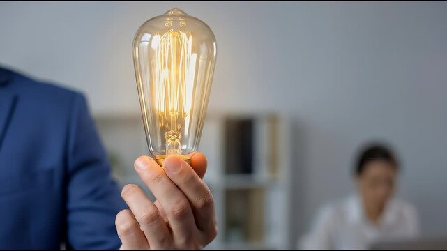 Close-up of a professional holding a lit light bulb toward the camera, subtle hand movement with slow cinematic push-in, soft neutral background and shallow depth of field emphasizing the glowing fila