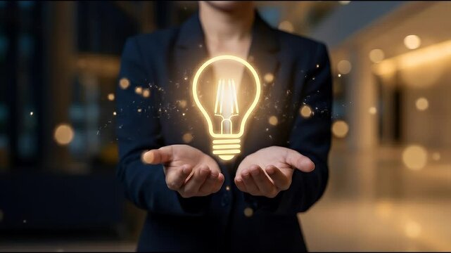 Medium close-up of a person extending both hands forward as a glowing light bulb icon appears hovering between the palms, subtle hand stabilization with slow push-in camera movement, dark background w
