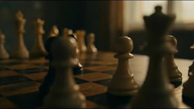 Dramatic close-up of a single dark pawn standing ahead of blurred white chess pieces on a chessboard, moody lighting with shallow depth of field and slow cinematic push-in in realistic business strate