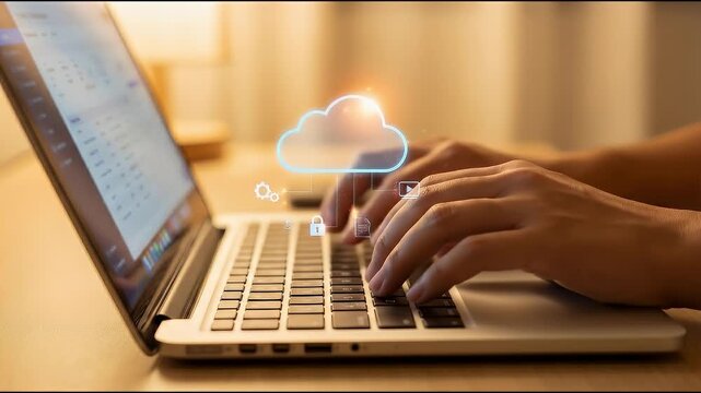 Close-up of hands typing on a laptop as a glowing cloud icon appears above the keyboard connected to multiple service icons, subtle finger movement with slow push-in camera motion, warm ambient lighti