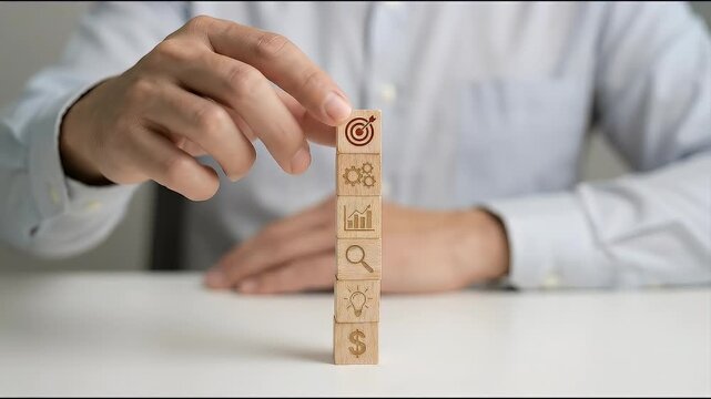 Close-up of a hand placing a wooden block with target icon on top of stacked blocks showing business and analytics symbols on a light minimal background in realistic corporate stock footage style