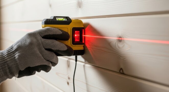 closeup of a hand holding a yellow laser level projecting a red beam onto a white wooden wall for precise measurement and alignment