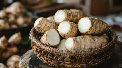 Fototapeta premium Peeled cassava roots cut into pieces and displayed in a rustic wicker basket at a market