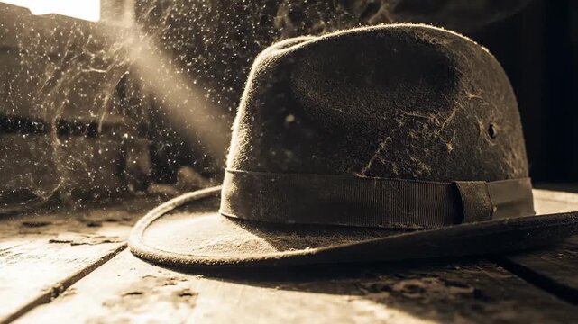 Dusty Old Fedora Hat Sunlit Smoke Wooden Table Noir Style