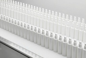 Obraz premium Rows of white cosmetic pump bottles in a mass production line