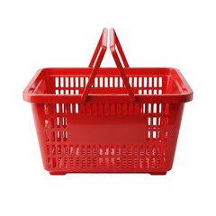 Fototapeta premium Red plastic shopping basket with handle isolated on transparent background for retail or grocery use