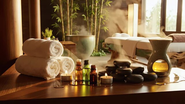 Serene spa scene with towels, oils, hot stones, candles, and a steam diffuser