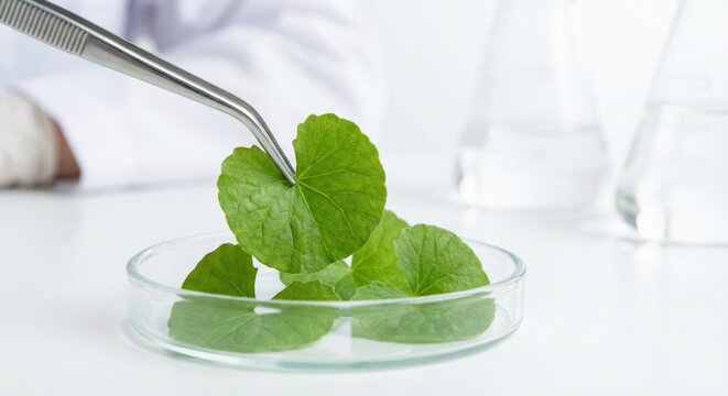 Scientist placing Centella Asiatica leaves in a petri dish