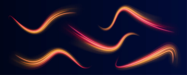 Abstract fiery trails of red and yellow twist across the canvas. Luminous particles form spinning neon arcs. Dark background enhances the glowing effect. PNG © kleinstock