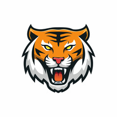Obraz premium Vibrant and fierce cartoon tiger head roaring with sharp fangs and yellow eyes, perfect for a sports mascot or logo design.