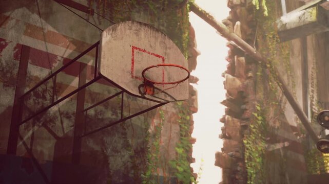 The weathered basketball hoop hangs in a deserted area, overtaken by vines and decay, showcasing the remnants of a once vibrant place, now quiet and forgotten.
