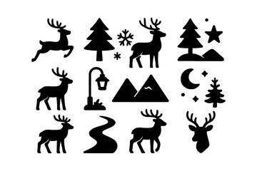 Fototapeta premium Silhouette winter icons with deer, trees, mountains, and moon
