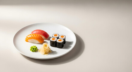 A plate of sushi on a white table