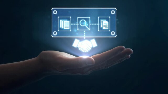 Open hand presenting glowing rectangle with handshake and document icons symbolizing business deal and process