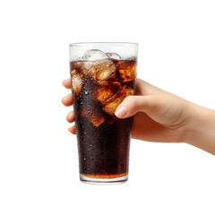 A hand holding a glass of cola on transparent background