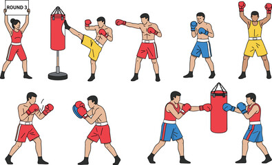 Fototapeta premium Boxing Training and Match Set with Fighters Punching Kicking and Sparring in Ring Vector Illustration Collection